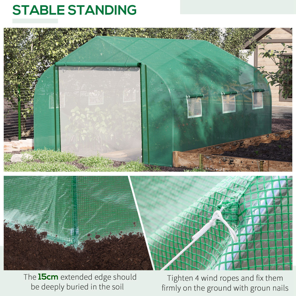Outsunny Walk-In Greenhouse, Roll-Up Door, 6 Windows, 3.5 x 3 x 2m, Green