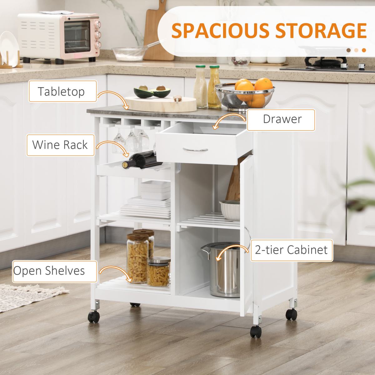 HOMCOM Kitchen Trolley Utility Cart on Wheels with Wine Rack, Drawer, Two Shelves, Side Cupboard, White