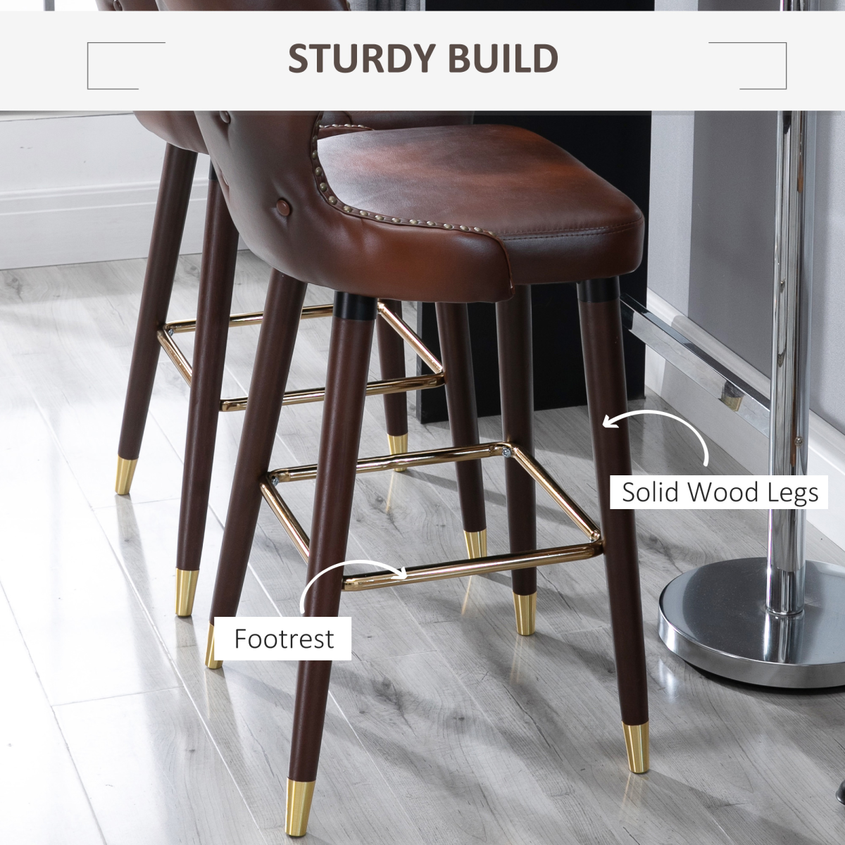 HOMCOM Set of 2 Brown PU Leather Bar Stools with High Back