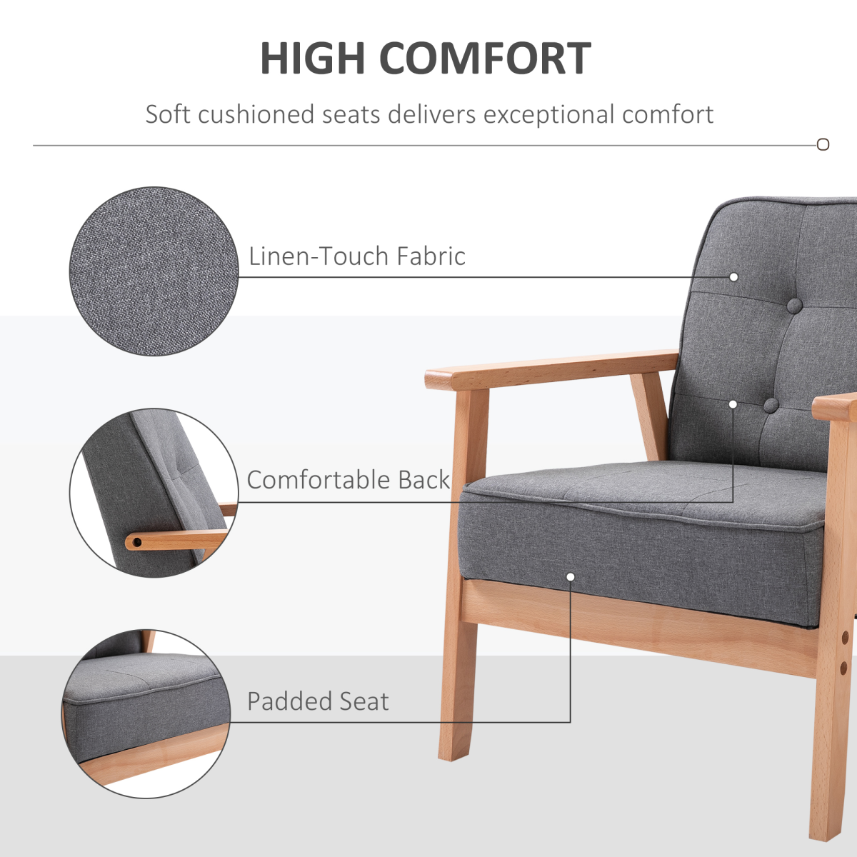 HOMCOM Retro Armchair with Beech Wood Frame, Grey Linen Upholstery