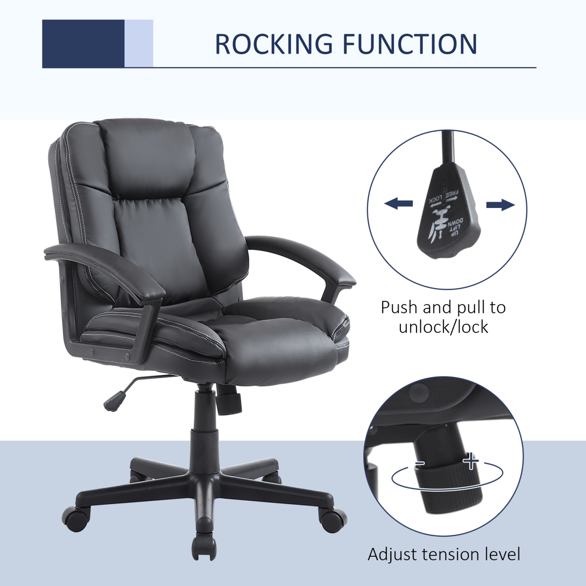 Swivel Executive Office Chair, Mid Back PU Leather, Black, with Arm