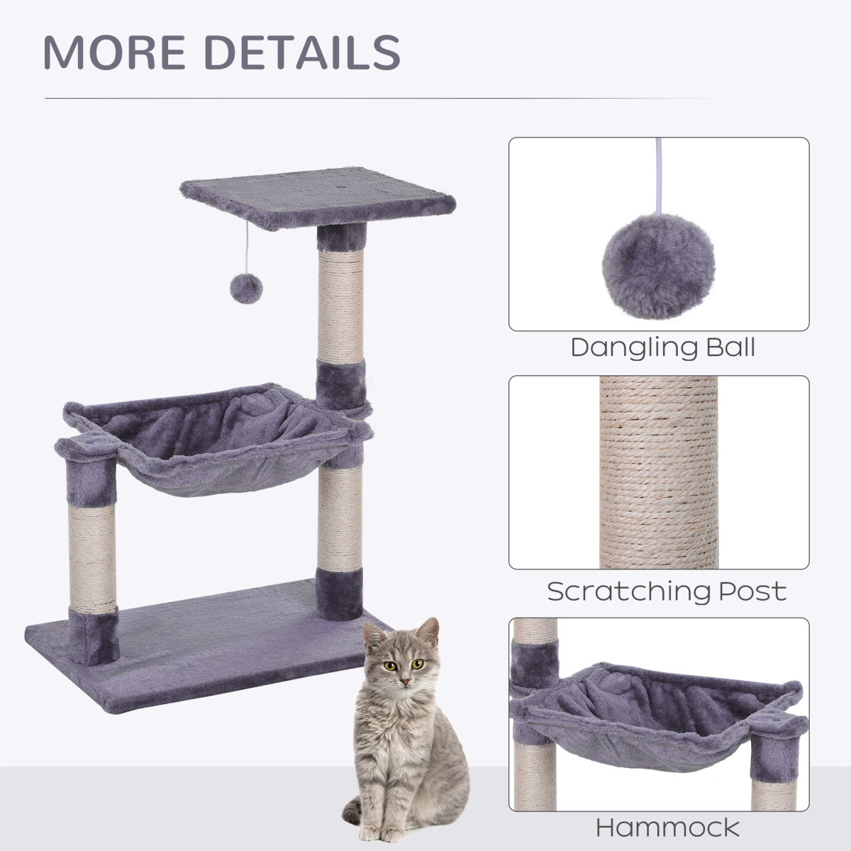 PawHut Cat Tree with Sisal Scratching Posts, Hammock Bed, Top Perch and Play Ball, 70cm High