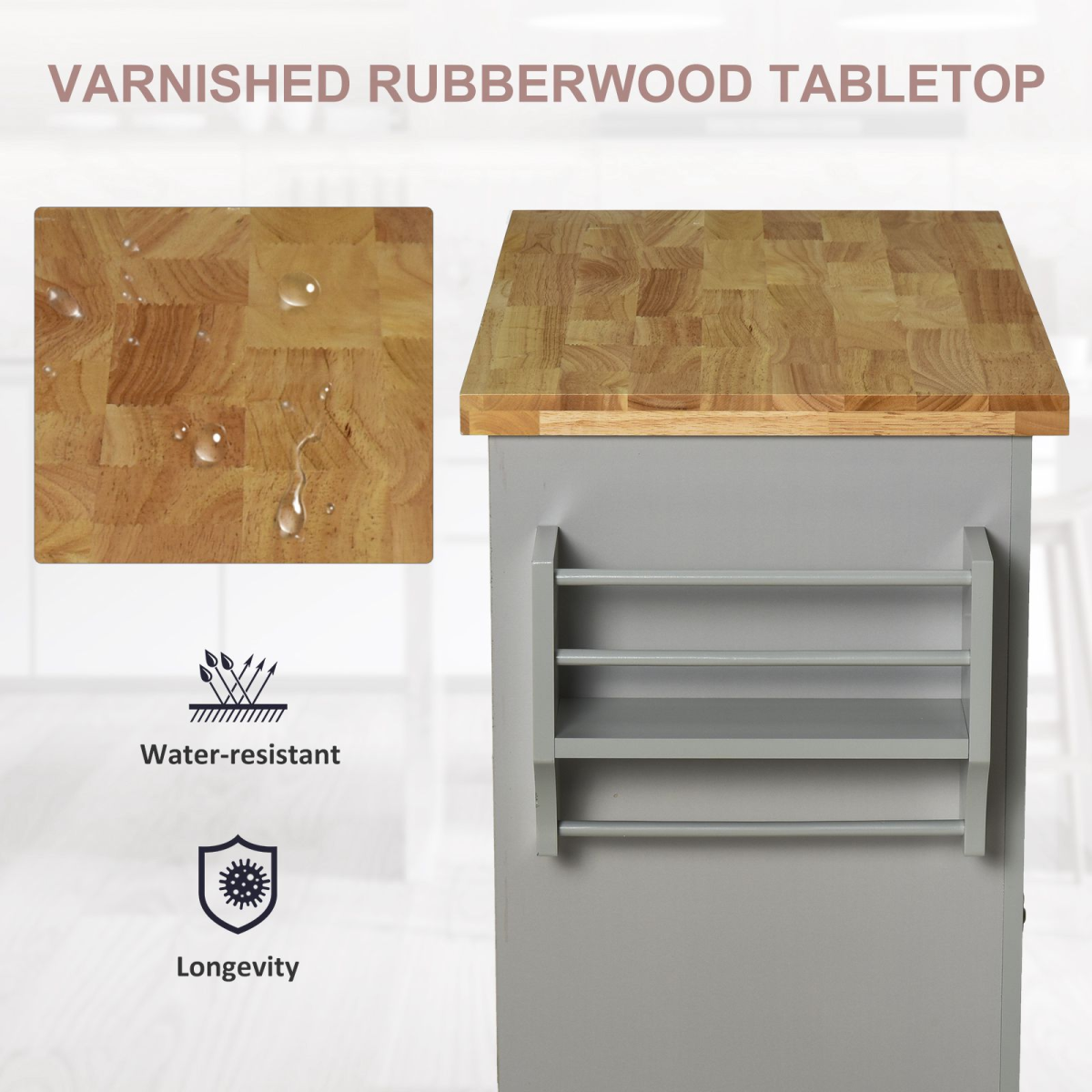 HOMCOM Rolling Kitchen Island Cart with Rubberwood Top and Storage