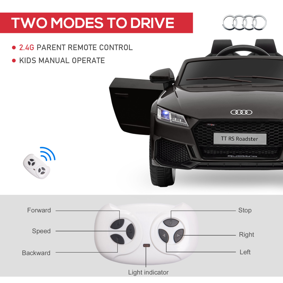 Licensed Audi TT RS 12V Electric Ride On Car with Remote Control, Headlights and MP3 - Black