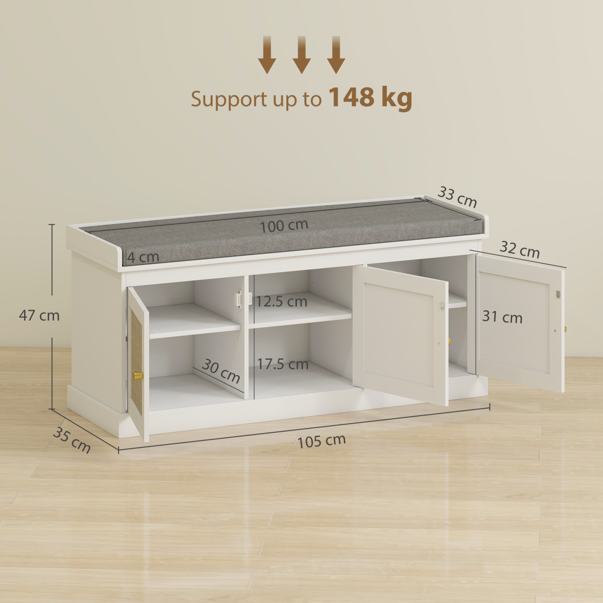 HOMCOM Shoe Storage Bench with Rattan Doors and Cushion