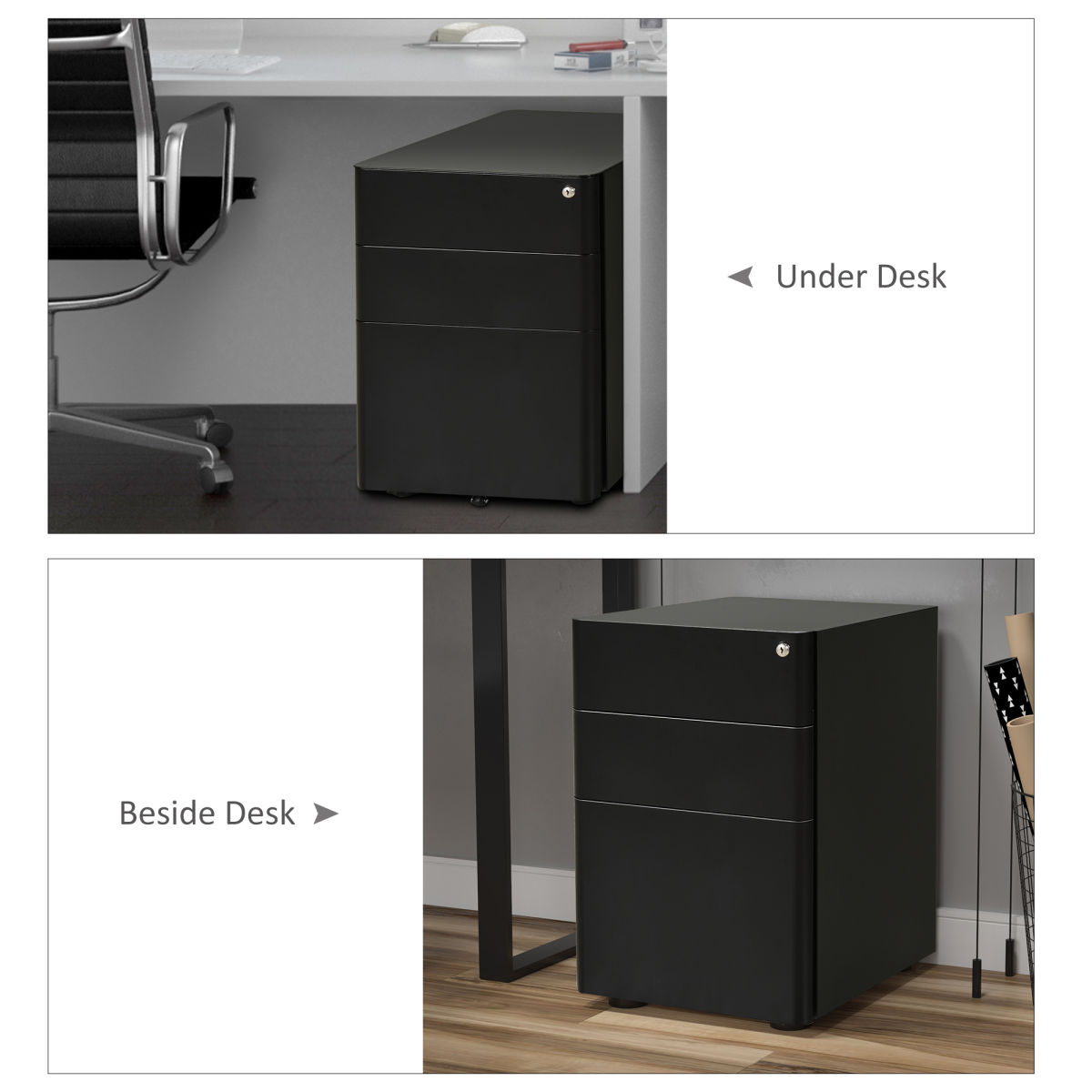 3 Drawer Steel Filing Cabinet with Lock, 4 Wheels, Compact Under Desk, Black