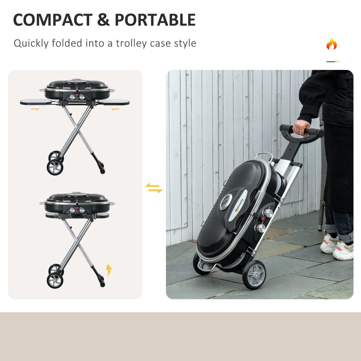 Outsunny Foldable 2 Burner Gas BBQ Grill Trolley with Side Shelves and Thermometer