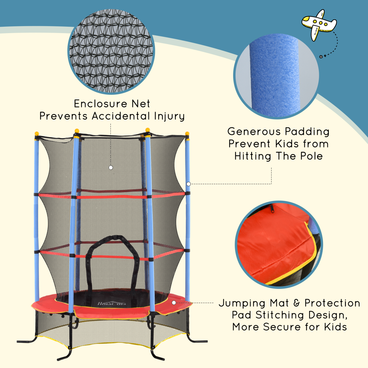 HOMCOM Kids Trampoline with Enclosure Net and Zip Door, 3-10 Years