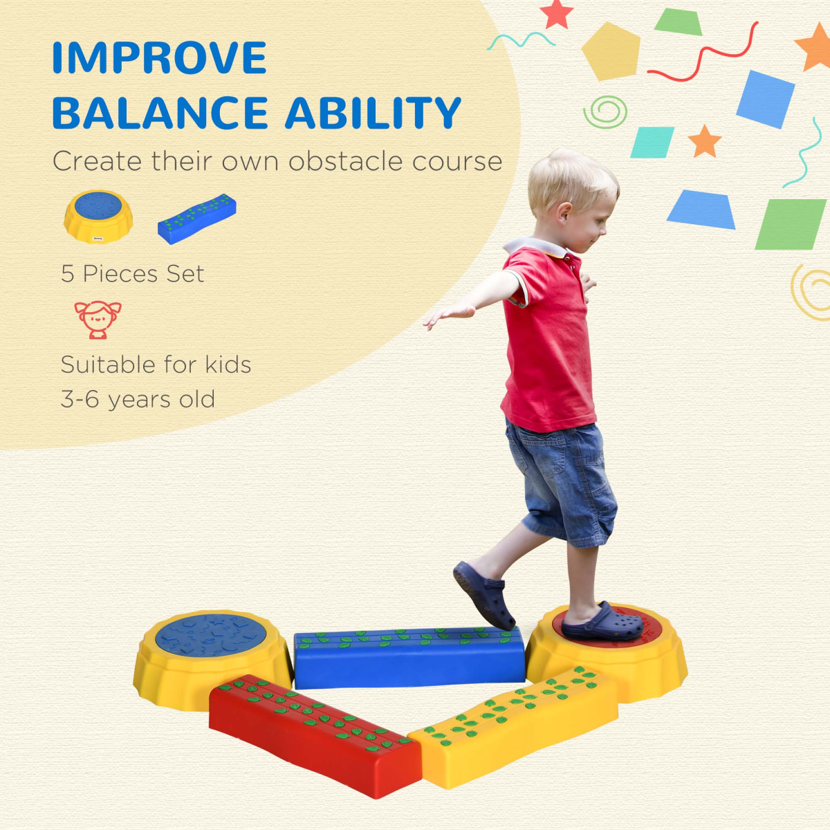 Outsunny 5-Piece Kids Stepping Stones and Balance Beam Set, Non-Slip Surface and Bottom