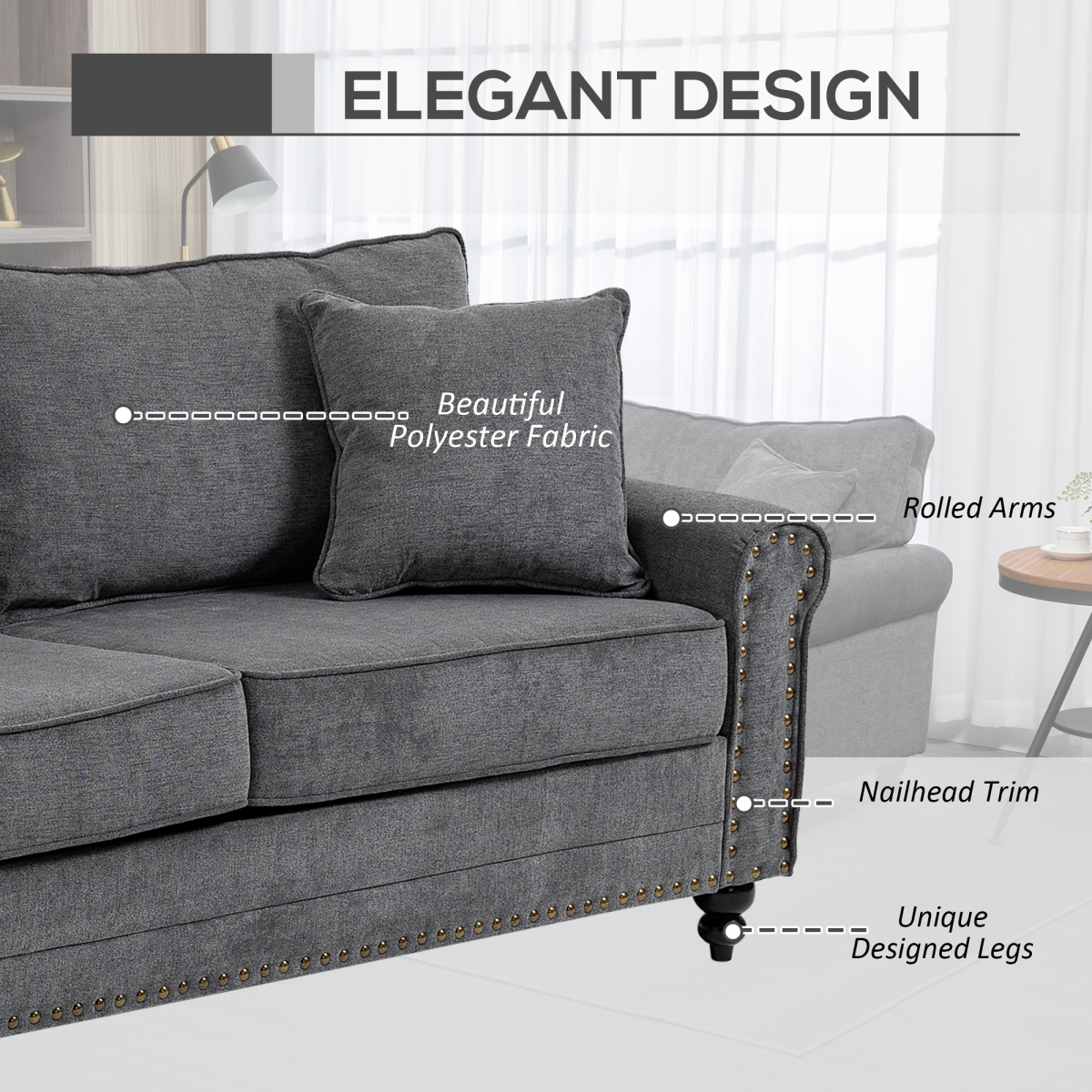 Grey Fabric 2 Seater Sofa with Cushions and Pillows
