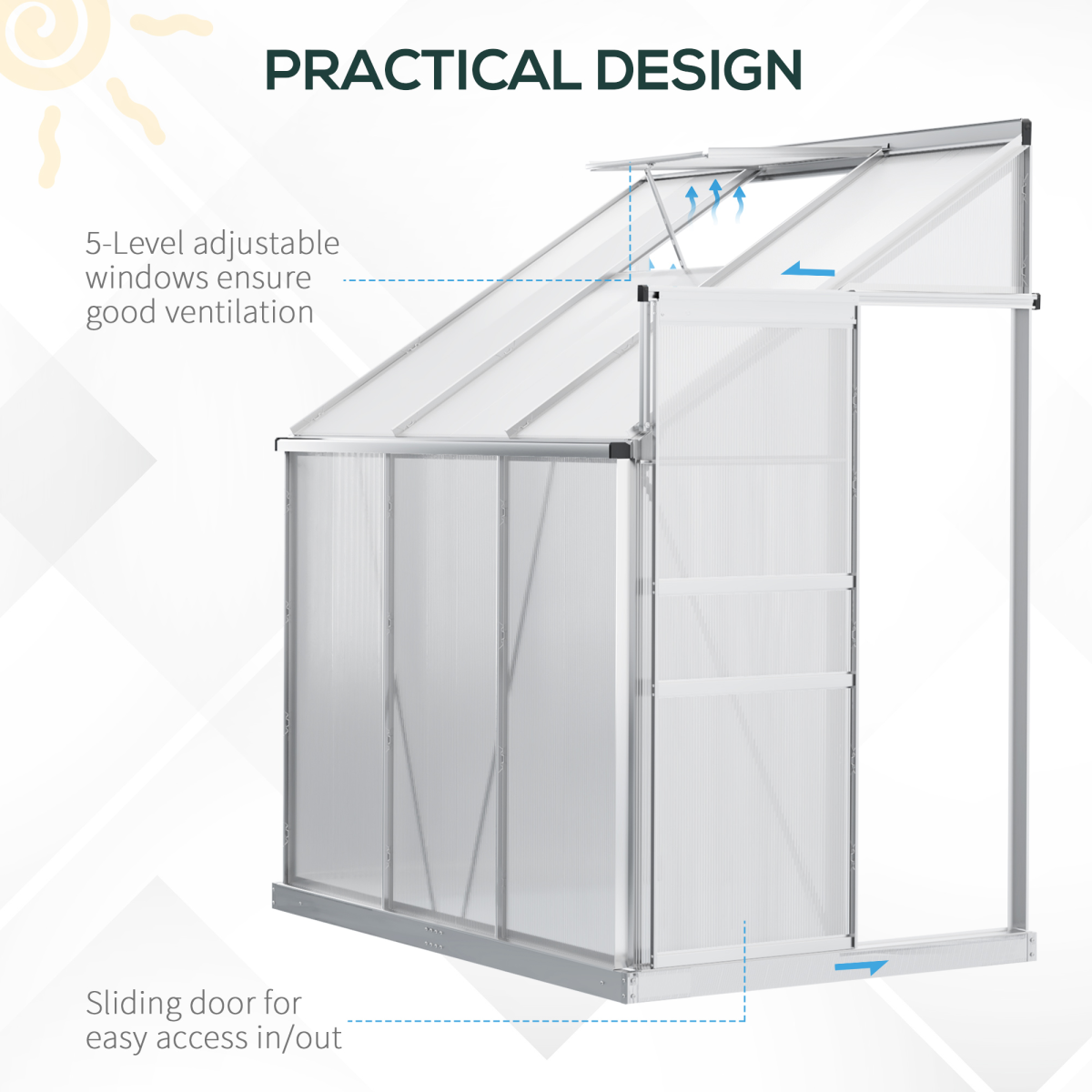 Outsunny 6 x 4ft Polycarbonate Greenhouse with Aluminium Alloy Frame, Roof Vent, Rain Gutter and Sliding Door