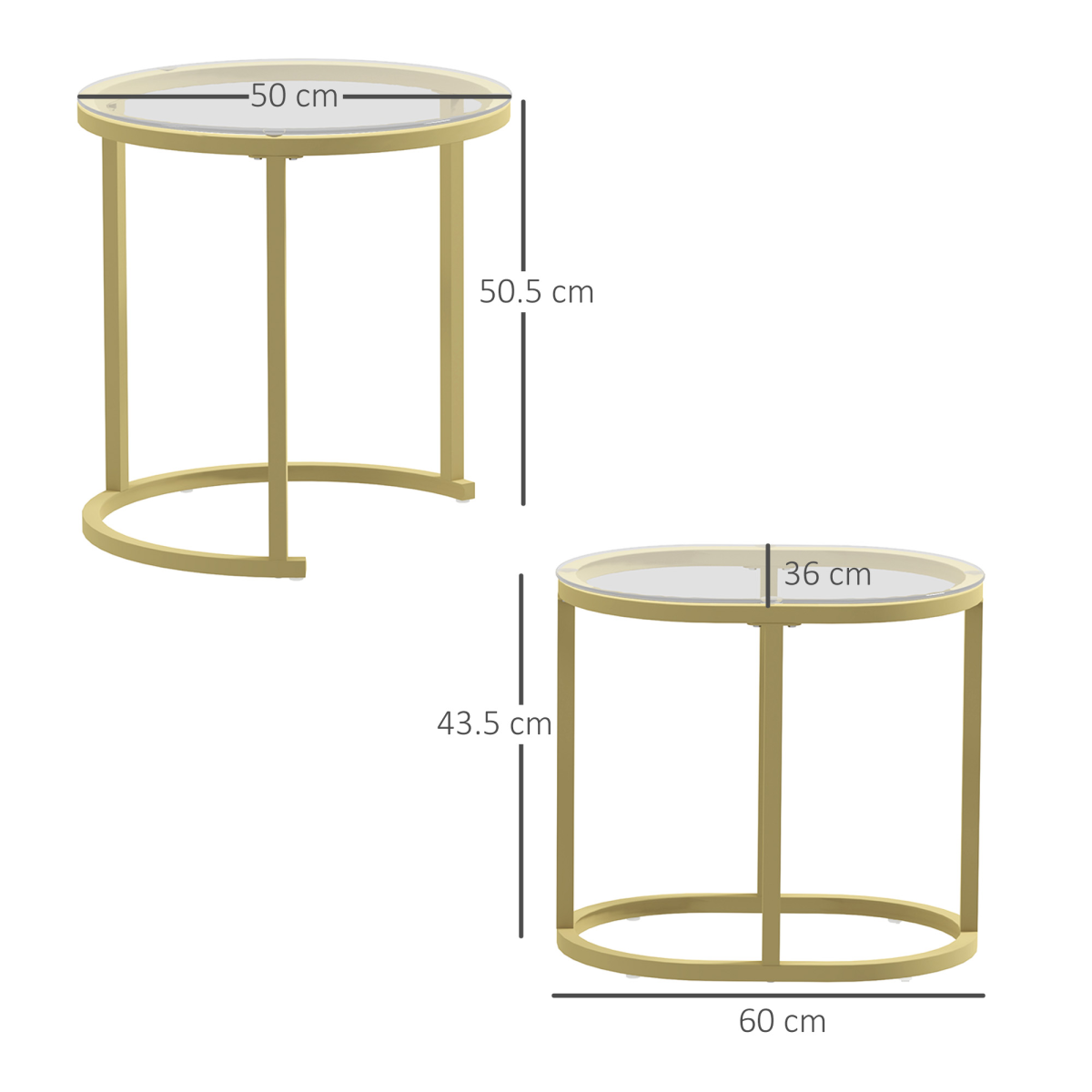 HOMCOM Set of 2 Tempered Glass Accent Tables with Gold Steel Frame