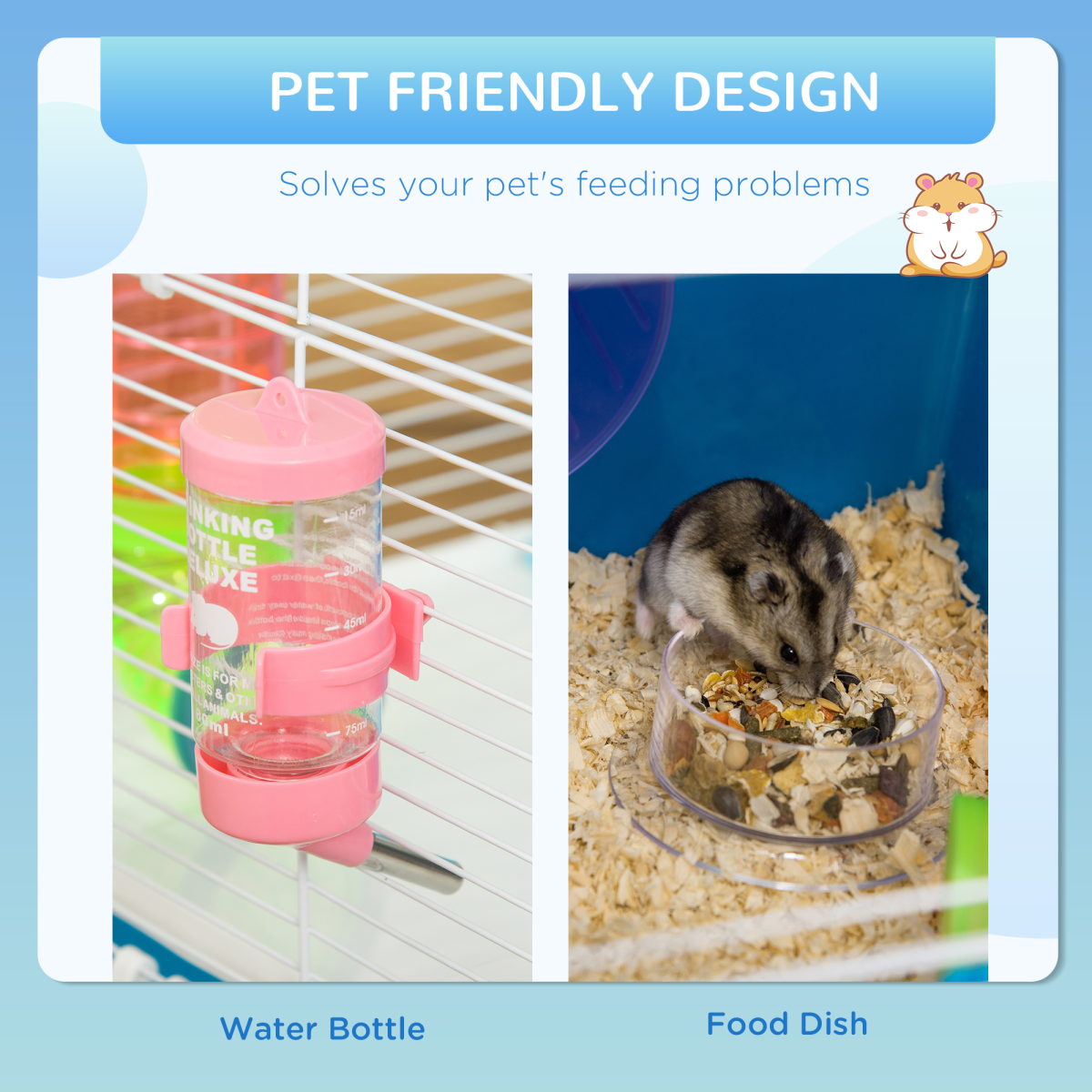 PawHut Five-Level Hamster Cage with Tubes, Water Bottle, Exercise Wheel, Ramps, Hut and Food Dish, Blue