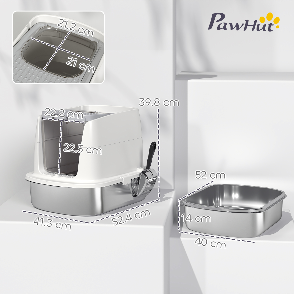 PawHut Enclosed Stainless Steel Cat Litter Box with Scoop