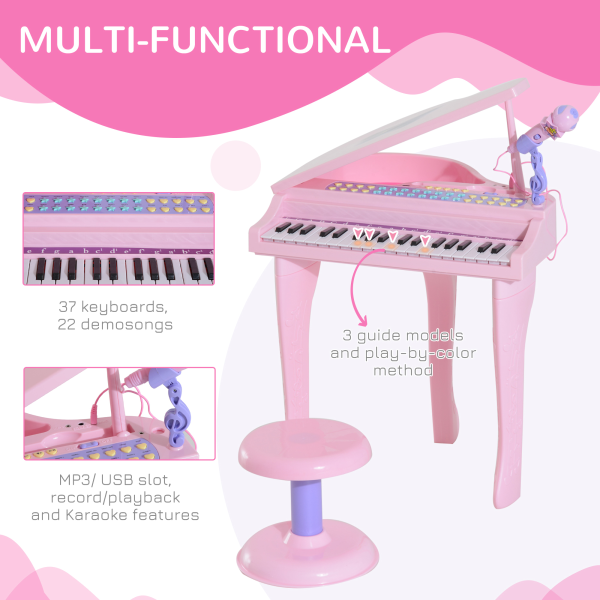 HOMCOM 37-Key Electronic Mini Piano Keyboard with Microphone & Stool, Pink