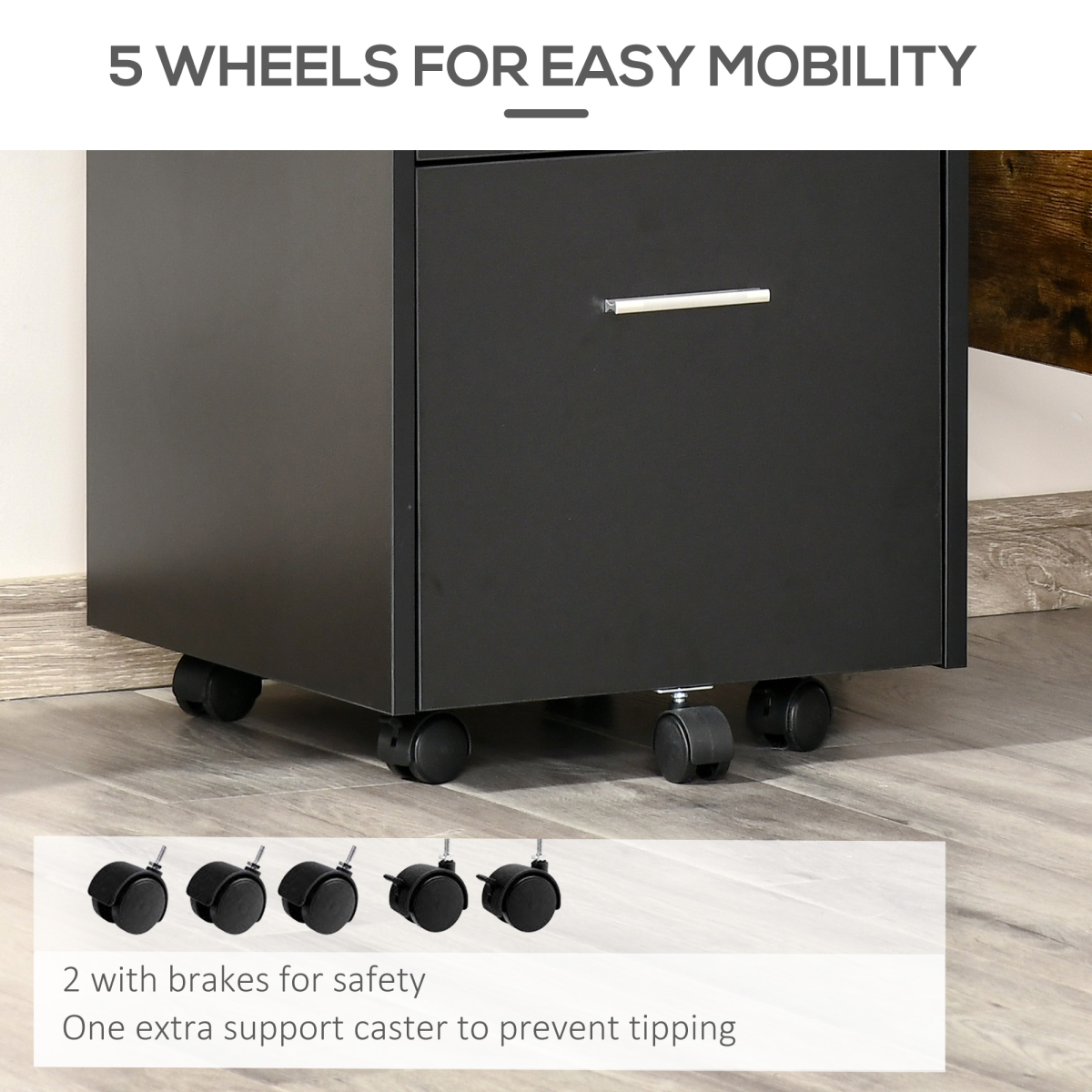 Mobile Lockable File Cabinet with 5 Wheels, Small Drawer and Open Shelf, Black