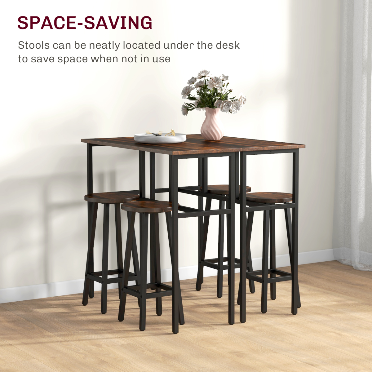 HOMCOM 6-Piece Industrial Bar Table Set, 2 Tables 4 Stools, Brown