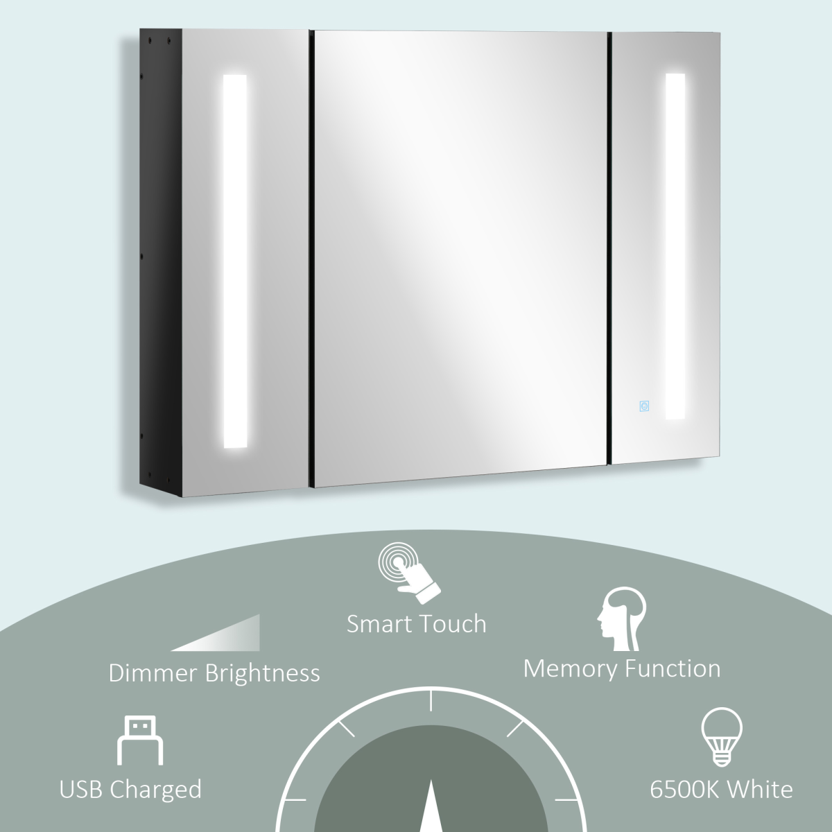 kleankin LED Wall-Mounted Bathroom Mirror Cabinet with 3 Mirrored Cabinets, Shelves, Touch Sensor, USB Powered, High Gloss Black