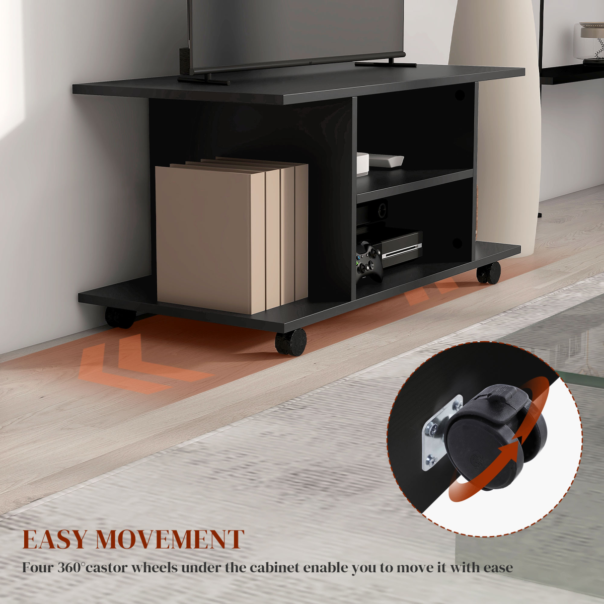 HOMCOM Black Mobile TV Stand with 3-Tier Storage Shelves and Lockable Castor Wheels