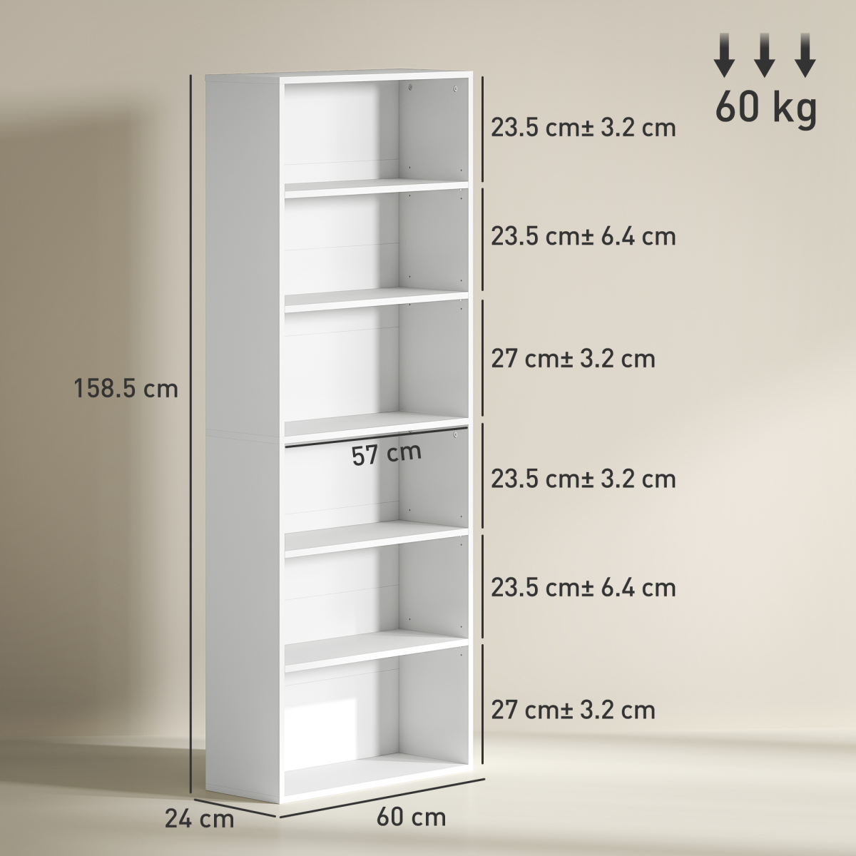 HOMCOM 6-Tier Freestanding White Bookcase with Adjustable Shelves