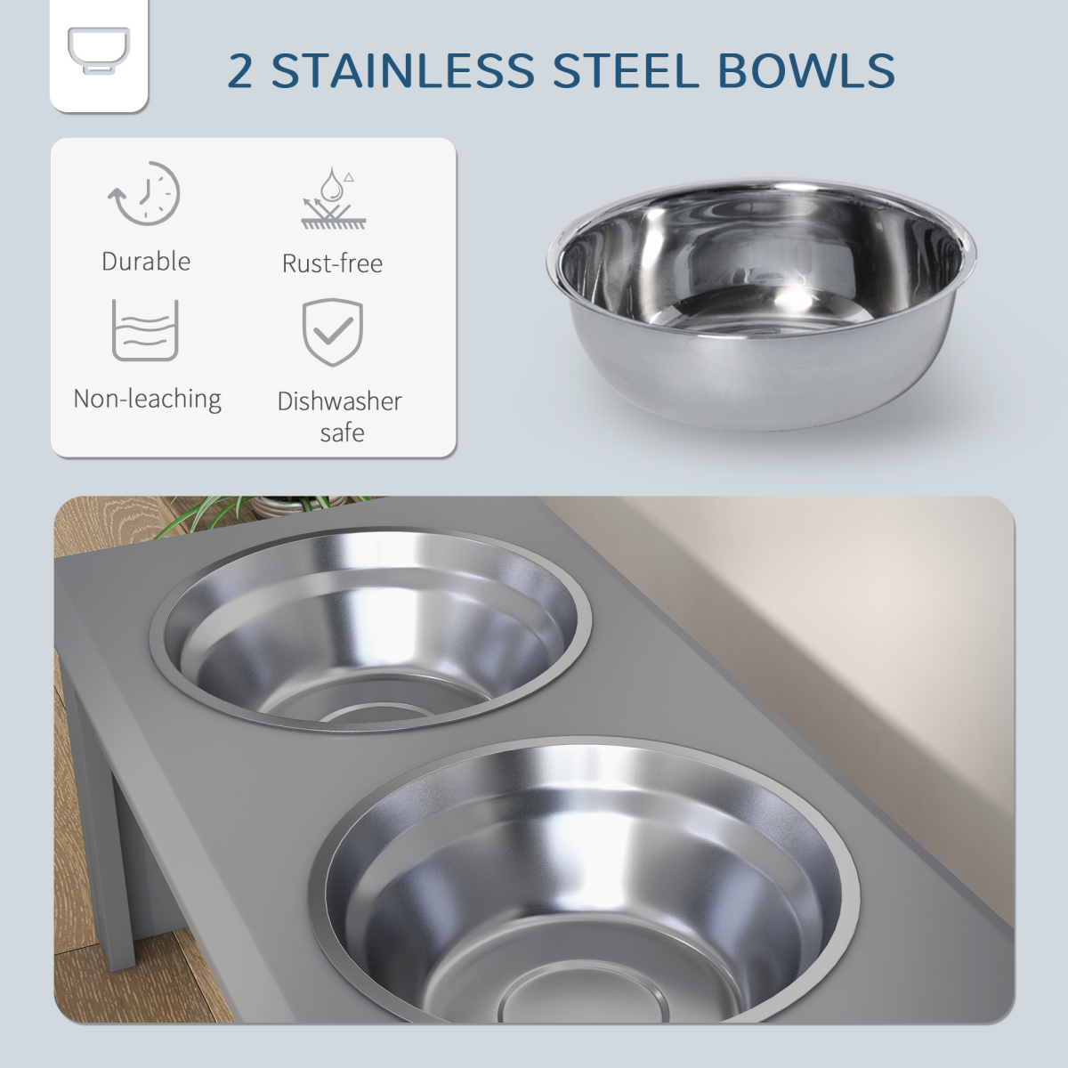 PawHut Elevated Pet Feeder with Stainless Steel Double Bowls, Grey