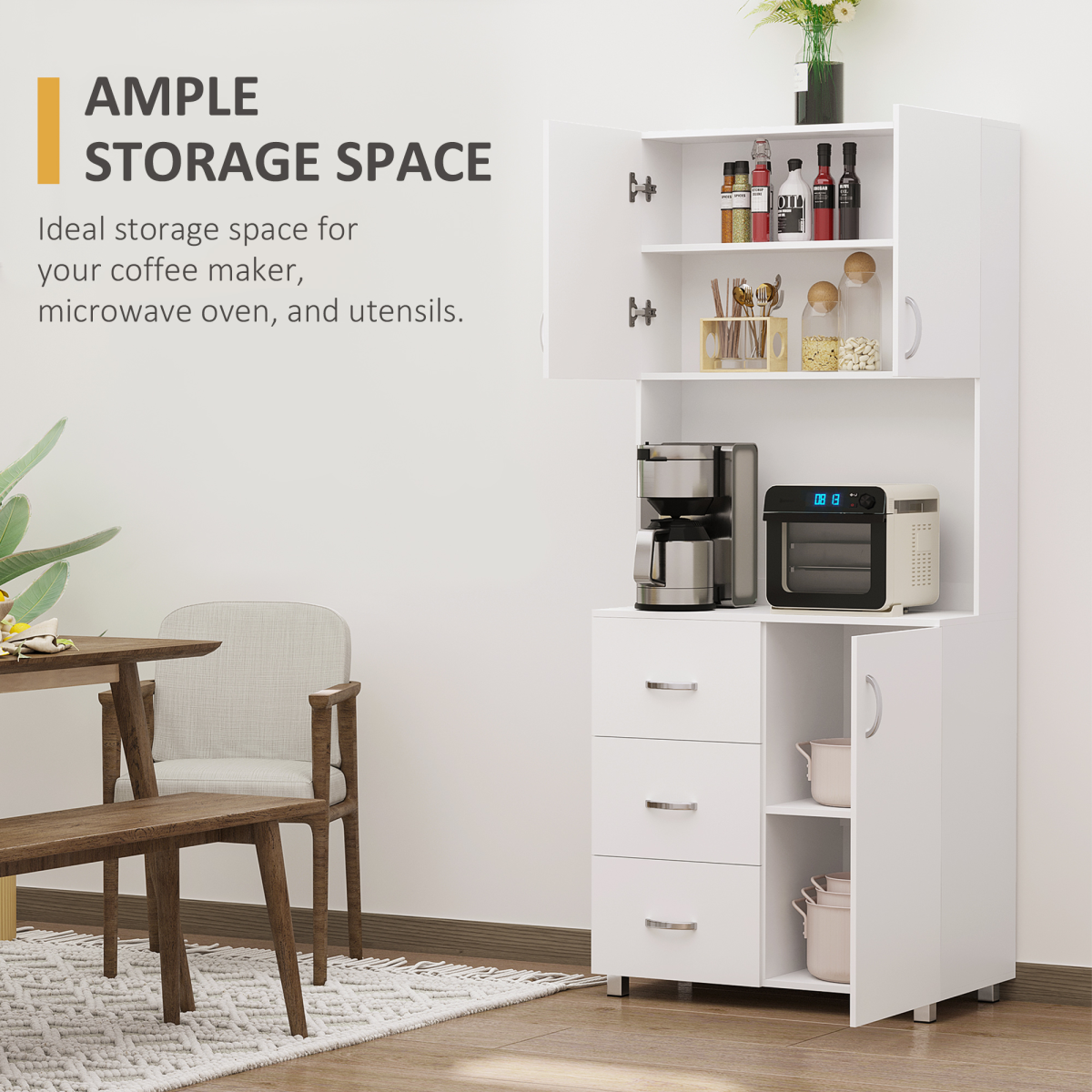 White Kitchen Storage Cabinet with 3 Drawers, 2 Cupboards and Open Shelf, Wooden Cupboard Organizer Furniture