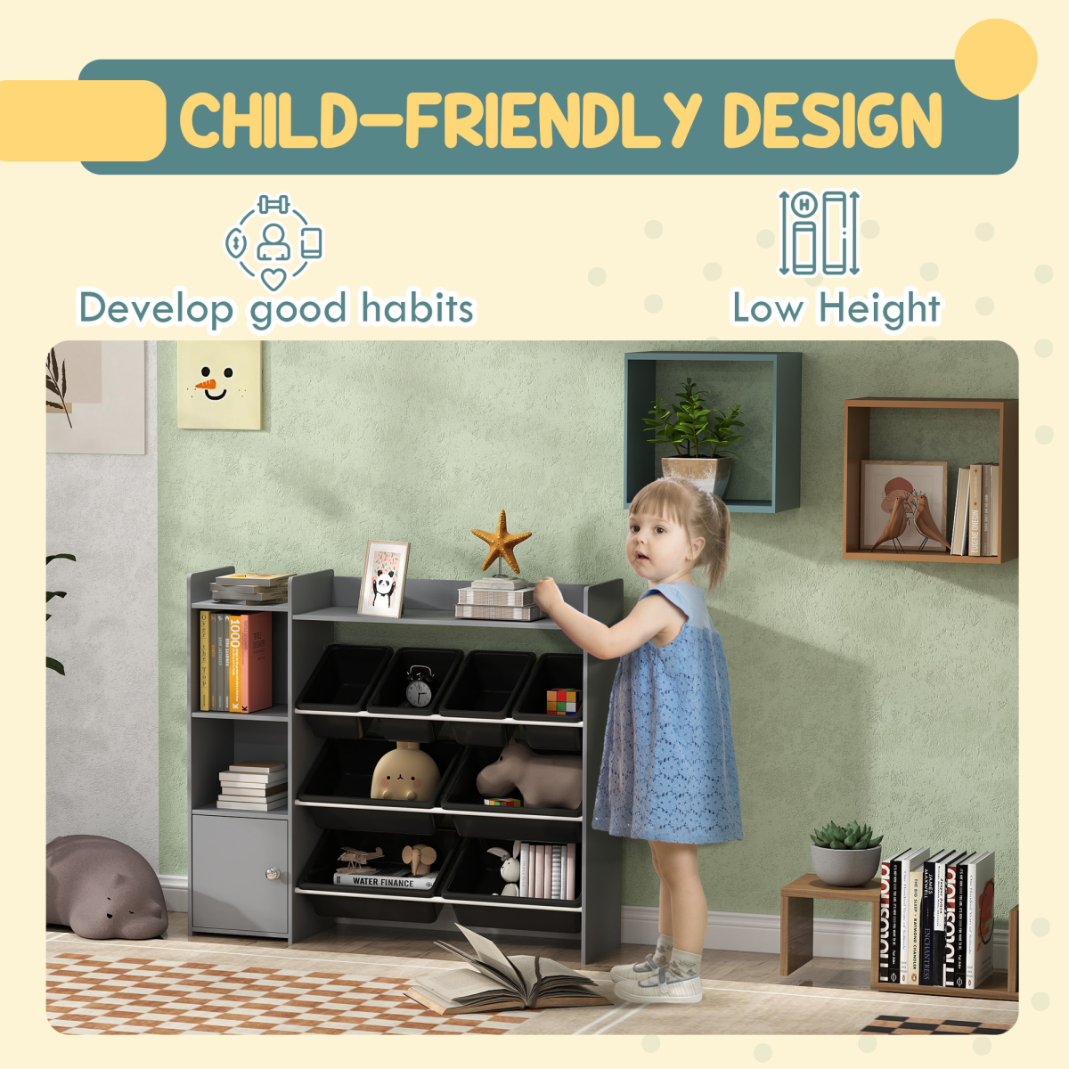 AIYAPLAY Toy Storage Unit with 8 Removable Bins, Shelves & Cabinet