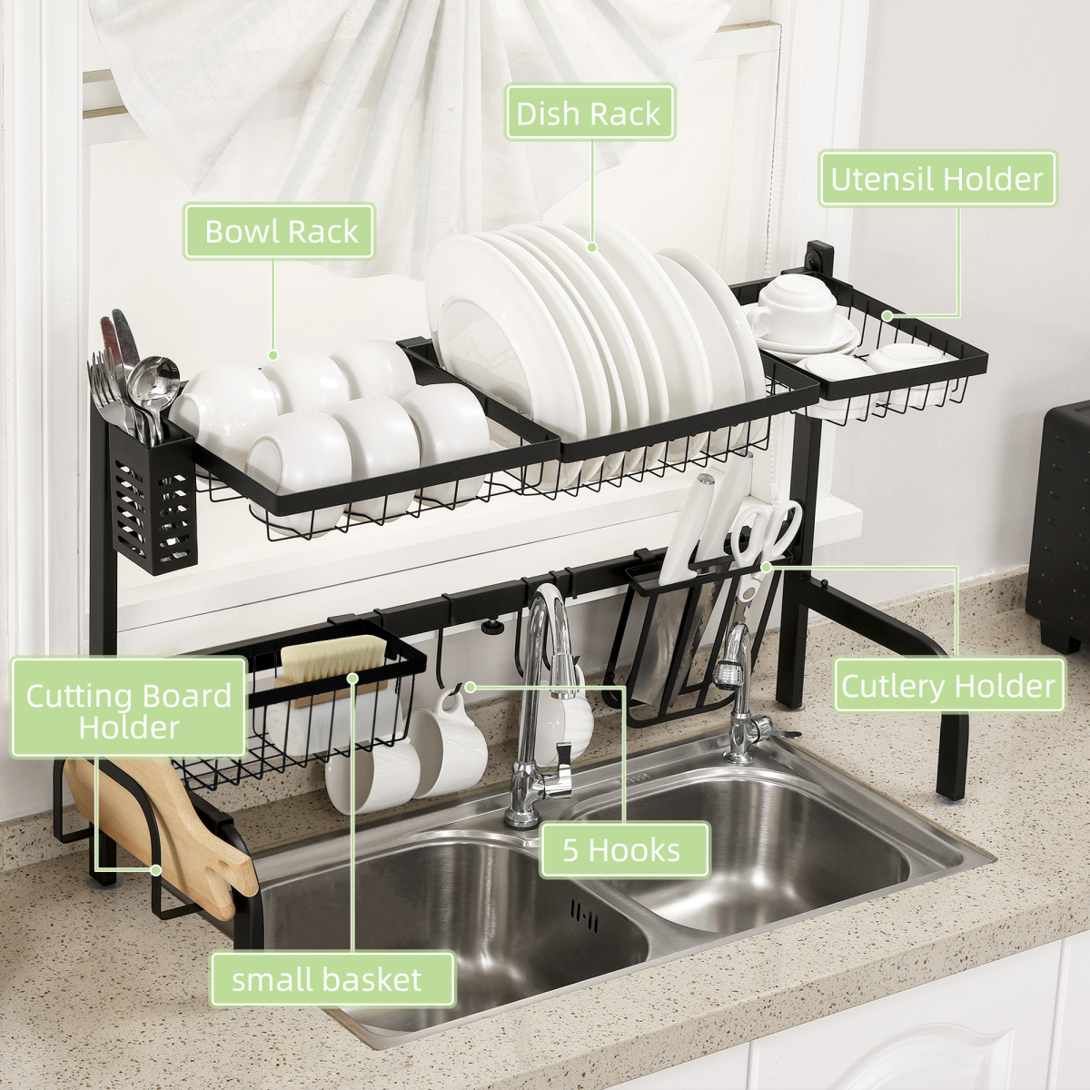Space-Saving Adjustable 2-Tier Over-Sink Dish Drying Rack