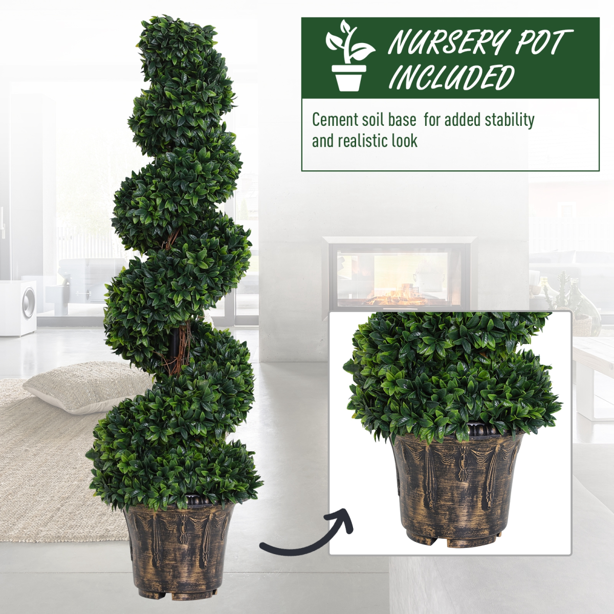 Set of 2 Artificial Boxwood Spiral Topiary Trees, Green PE Plant Decor