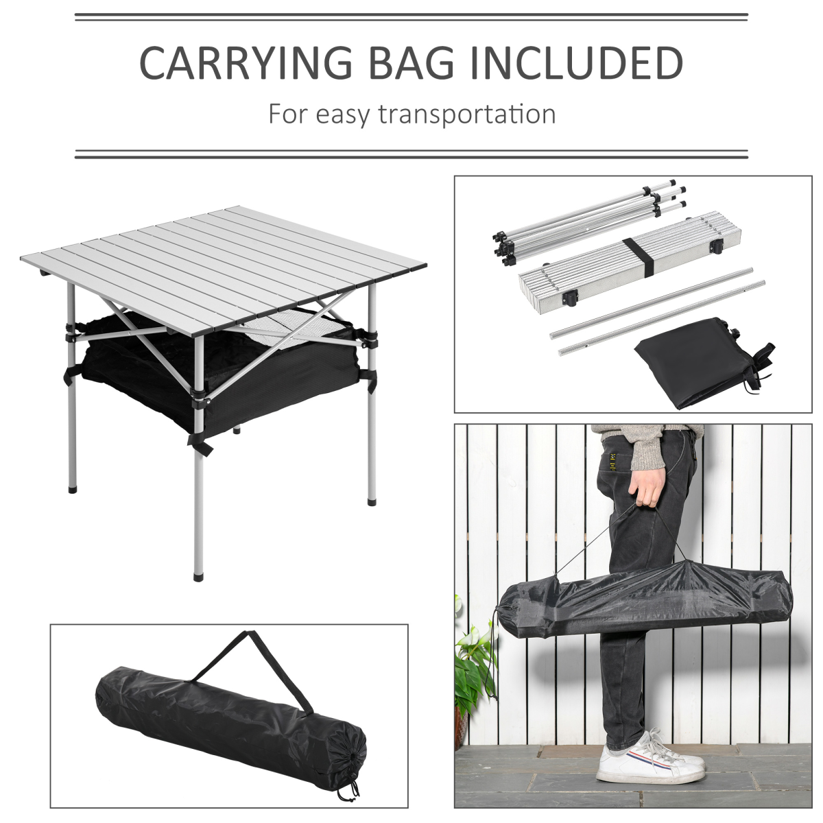 Outsunny Aluminum Roll-Top Camping Table with Storage Bag, Foldable, Silver and Black