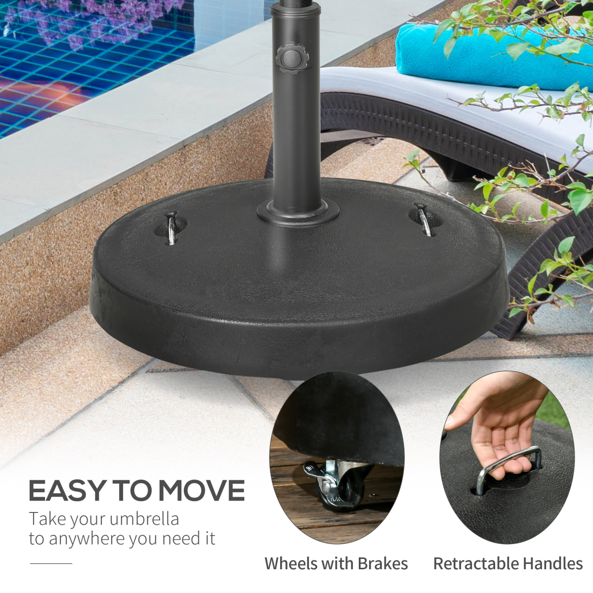 Outsunny 23.5kg Round Resin Parasol Base with Wheels for 38-48mm Poles