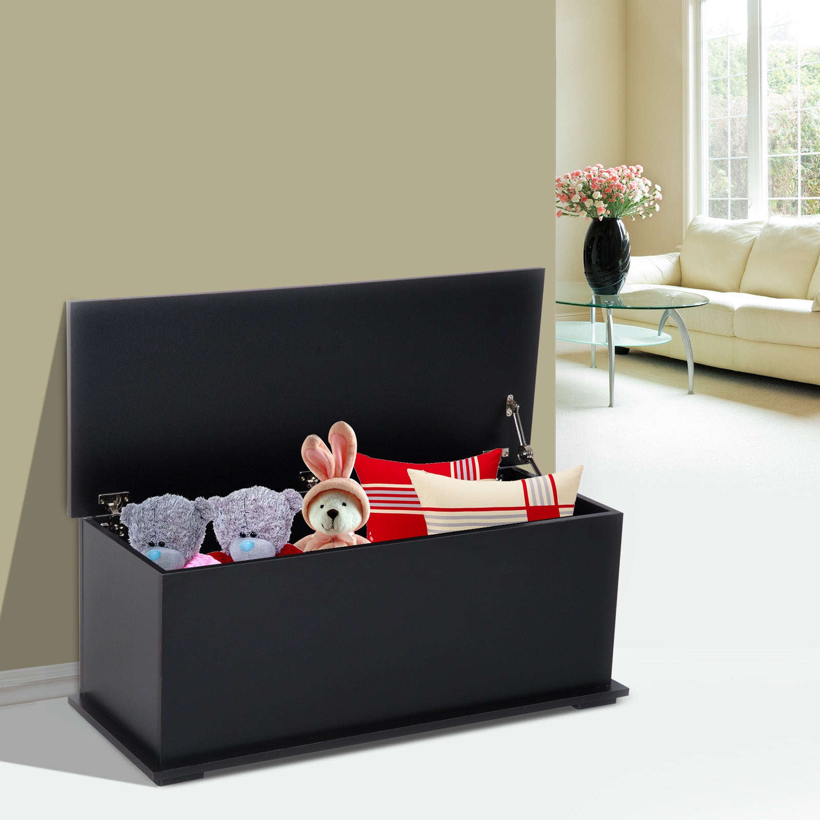 Black Storage Ottoman Chest with Lid, 100 x 40 x 40 cm