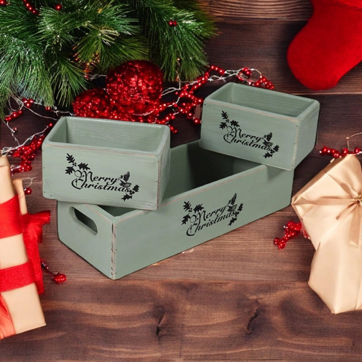 Set of 3 Rustic Green Wooden Christmas Boxes, 34/15/15CM, Hand Finished, Ready to Fill