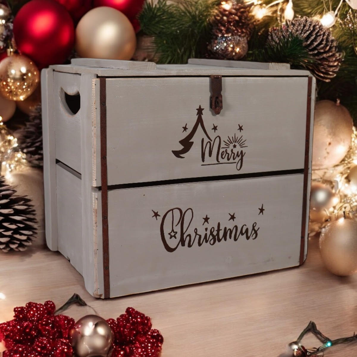 MSL 42cm Rustic Grey Wooden Christmas Box with Lift-Up Lid, Hand Finished