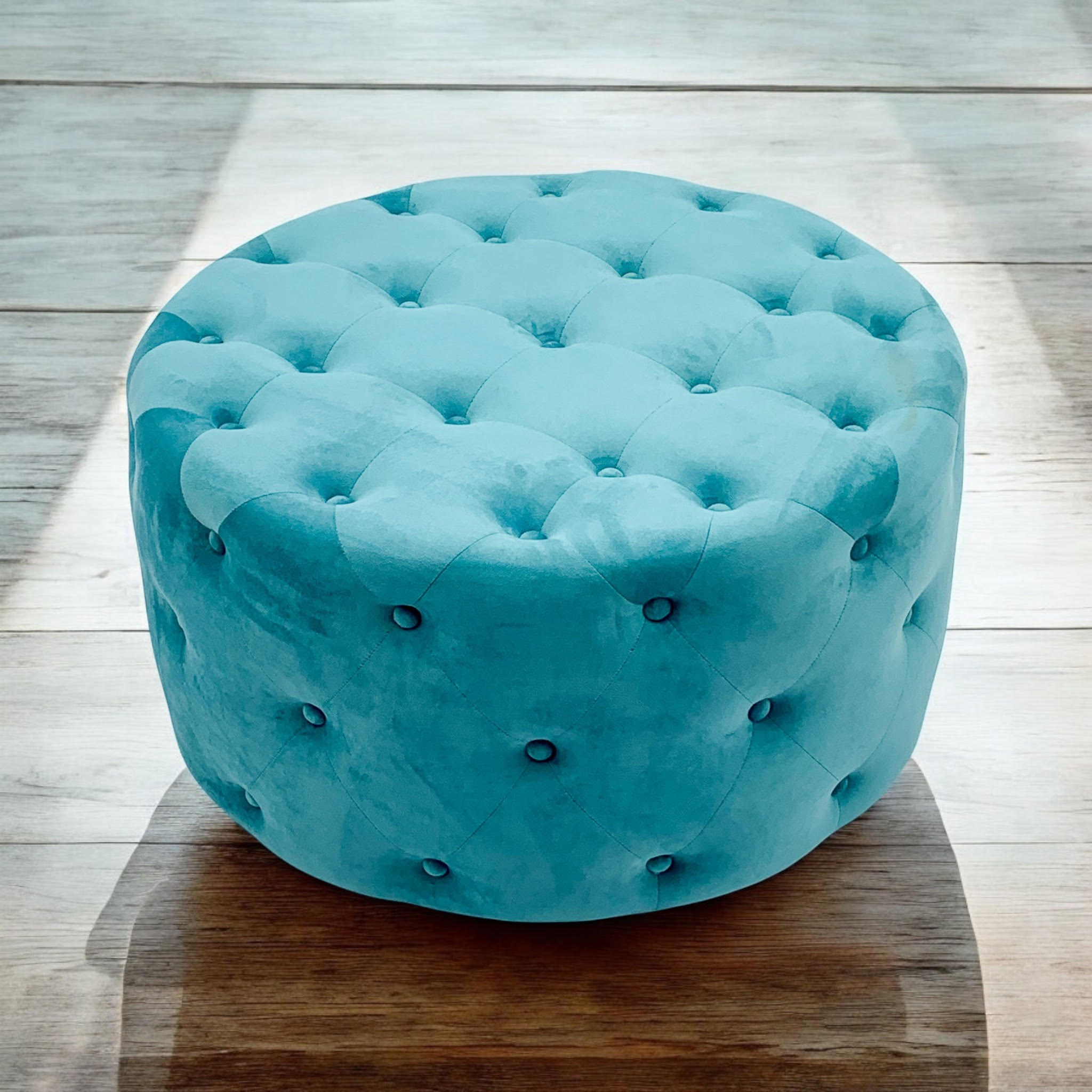 MSL 80 x 80cm Blue Buttoned Round Footstool Ottoman