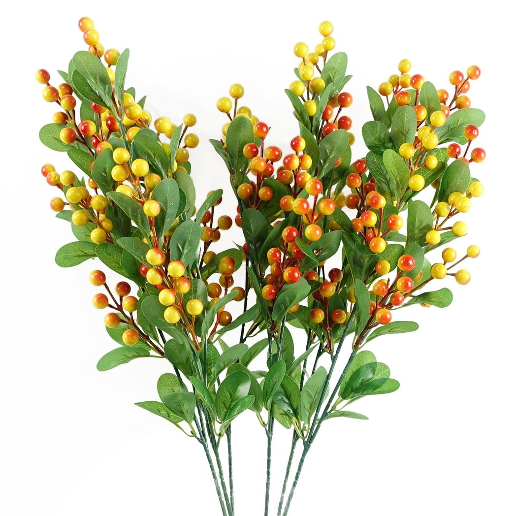 Leaf 70cm Artificial Orange Berry Stem with Plastic Leaves