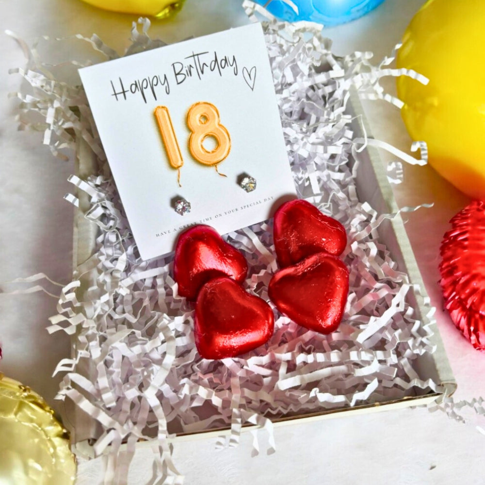 18th Birthday Cubic Zirconia Stud Earrings Gift Hamper with Milk Chocolate Hearts and Gold Balloons Card
