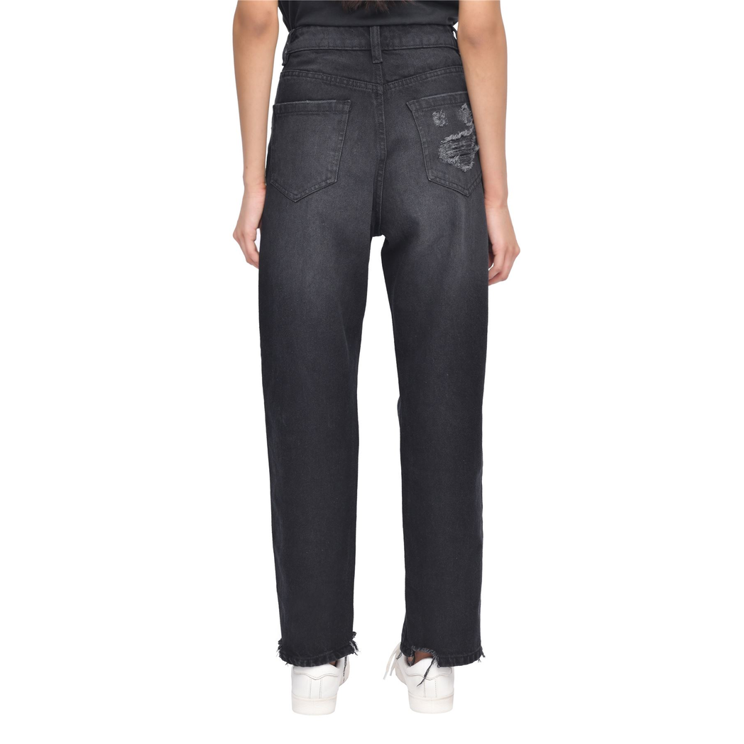 M17 Torn Hem Rip High Waisted Mom Jeans Black