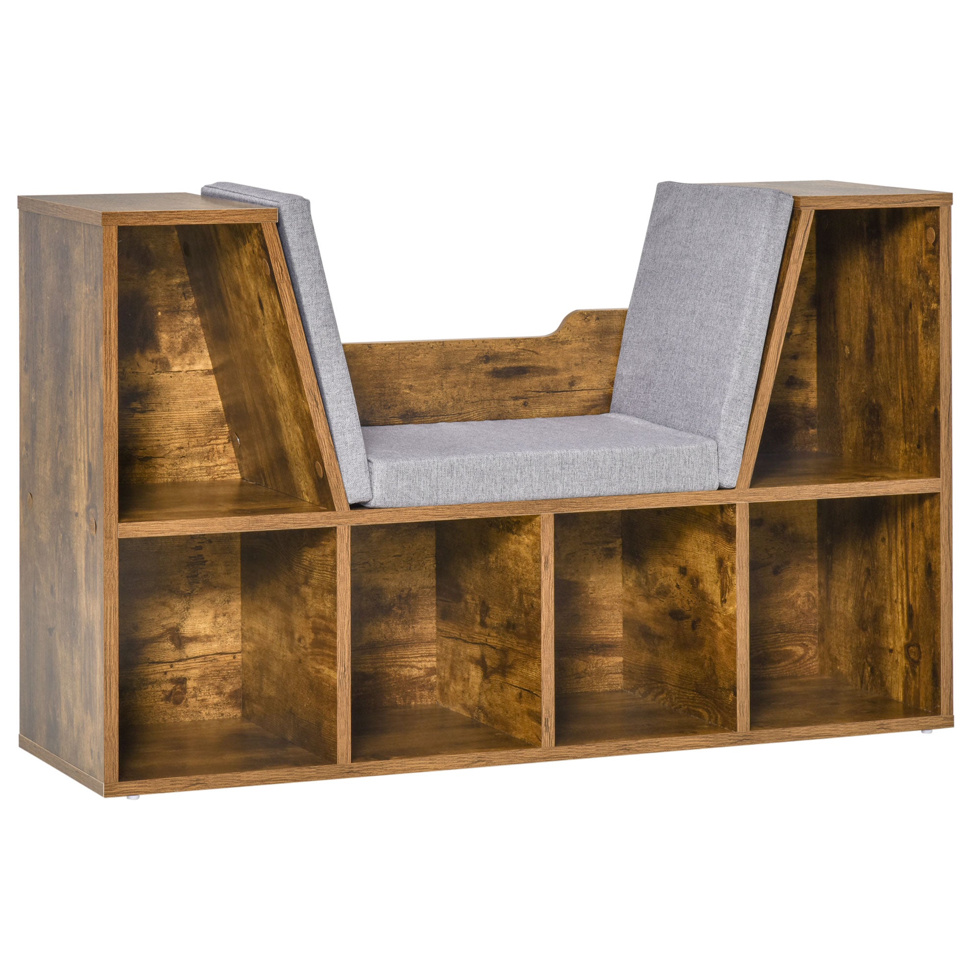 HOMCOM Kids Bookcase Storage Unit with 6 Cubbies and Padded Reading Seat, Brown