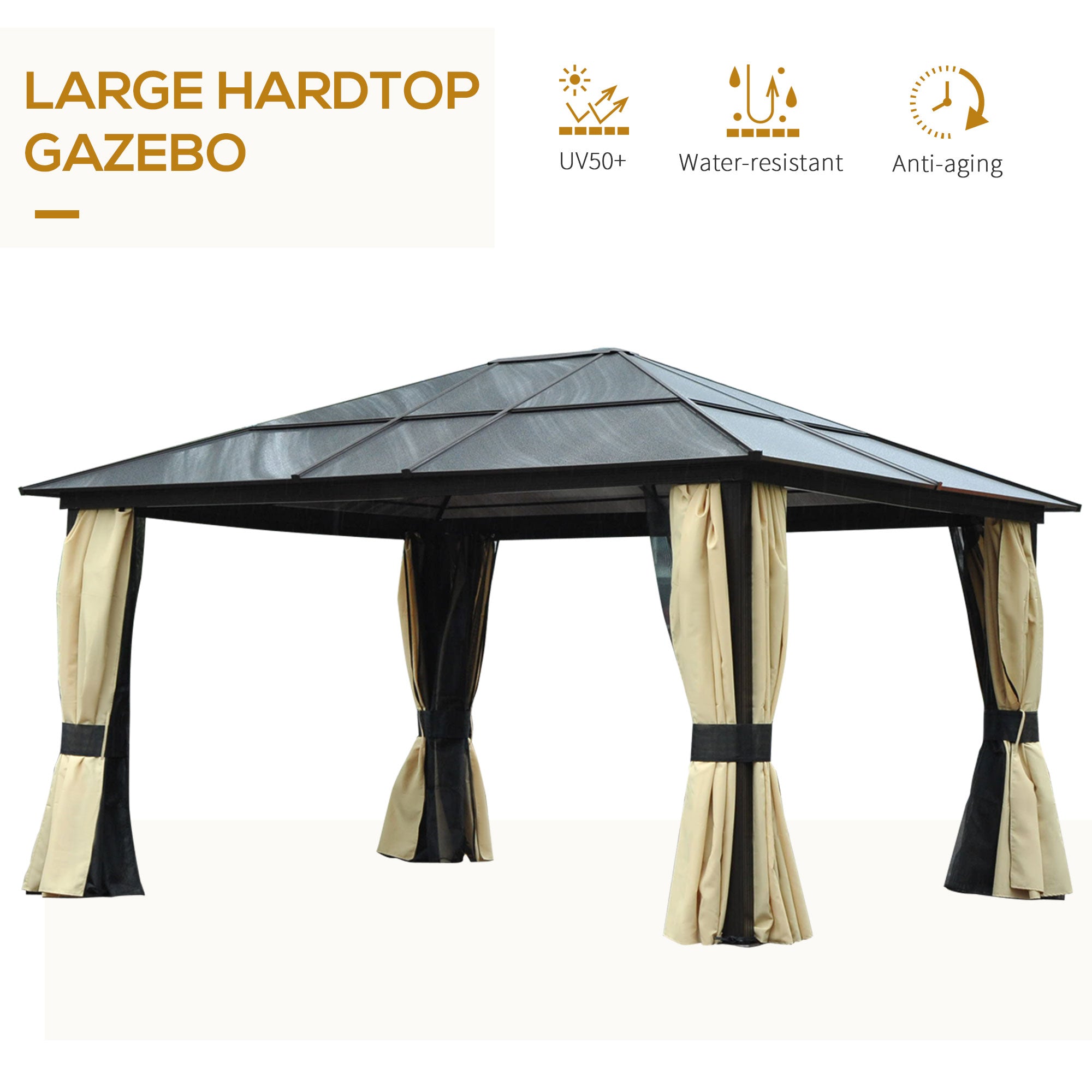 Outsunny 4.3m x 3.6m Aluminium Frame Polycarbonate Hardtop Gazebo with Curtains and Netting Brown