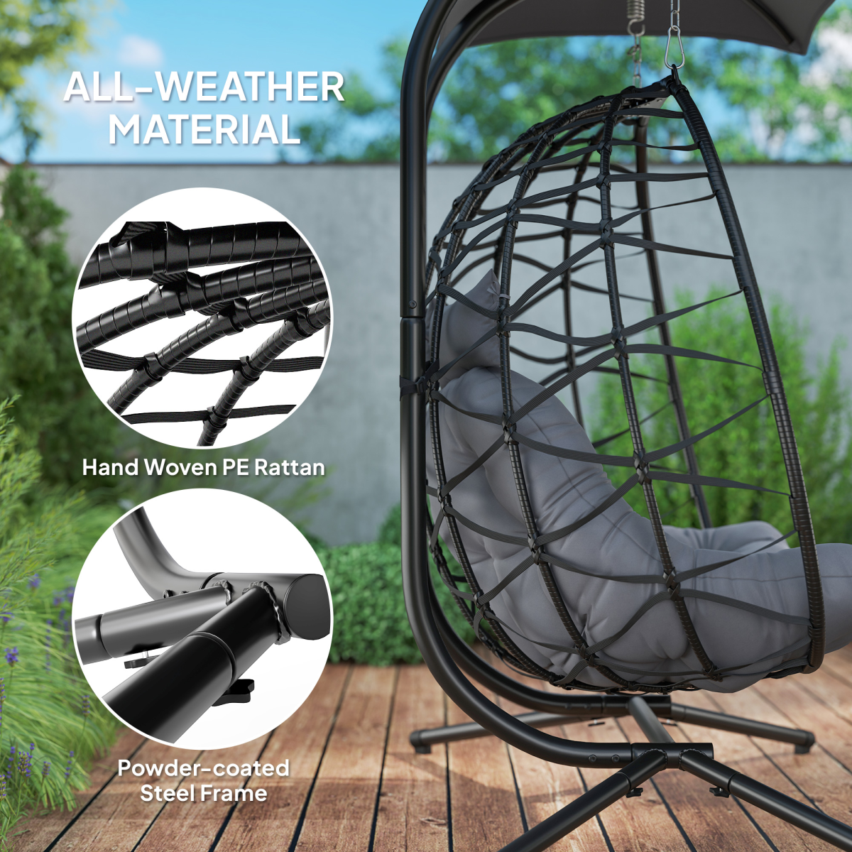 Outsunny Rattan Double Hanging Egg Chair with Canopy & Cushion, Black