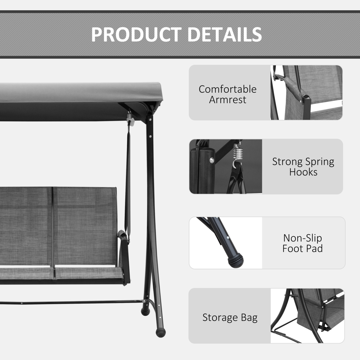 3-Seater Steel Patio Swing Chair with Adjustable Canopy