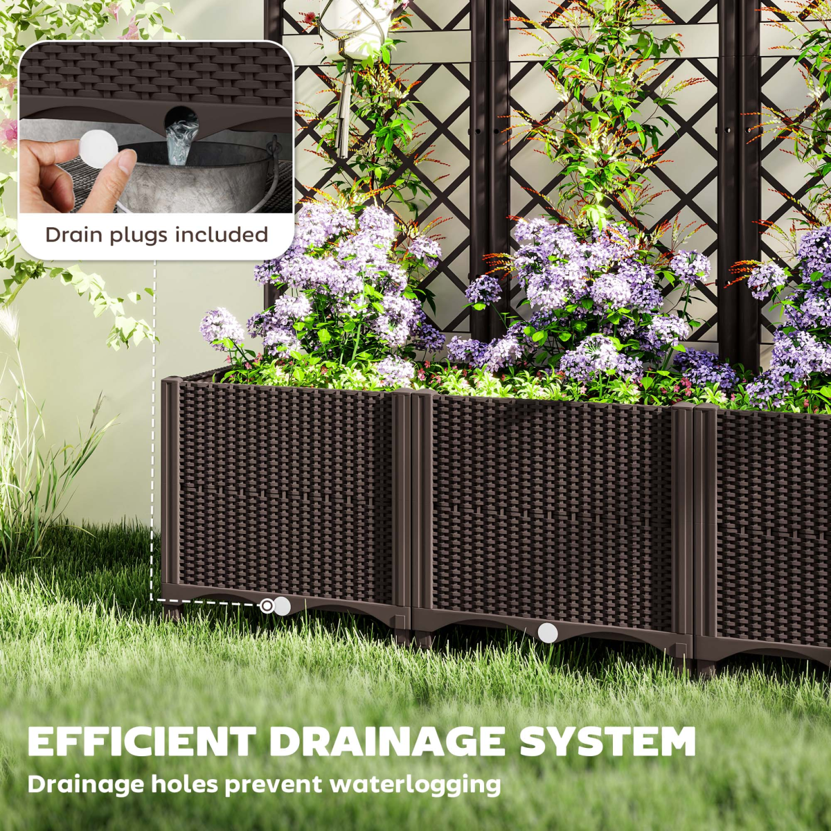 Outsunny Plastic Planter Box with Trellis and Drain Plugs