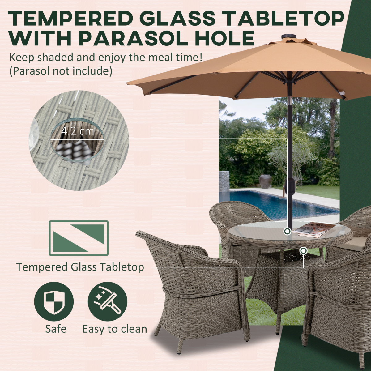 Outsunny 5-Piece Outdoor Patio PE Rattan Dining Set, Four-Seater, Grey, Tempered Glass Table, Cushioned Chairs, Umbrella Hole