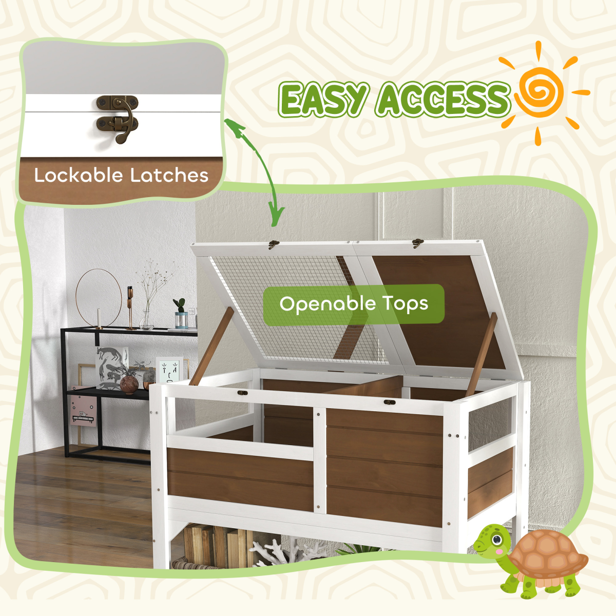 PawHut Wooden Tortoise House with Run, Shelter, Shelf and Lamp Holder, Brown and White