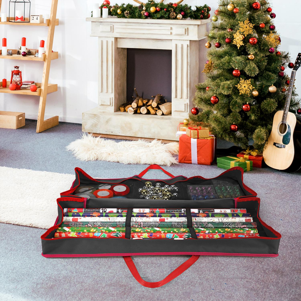 Vinsani Christmas Gift Wrap Storage Bag with Adjustable Fastening Straps and Mesh Compartments Black 1010455