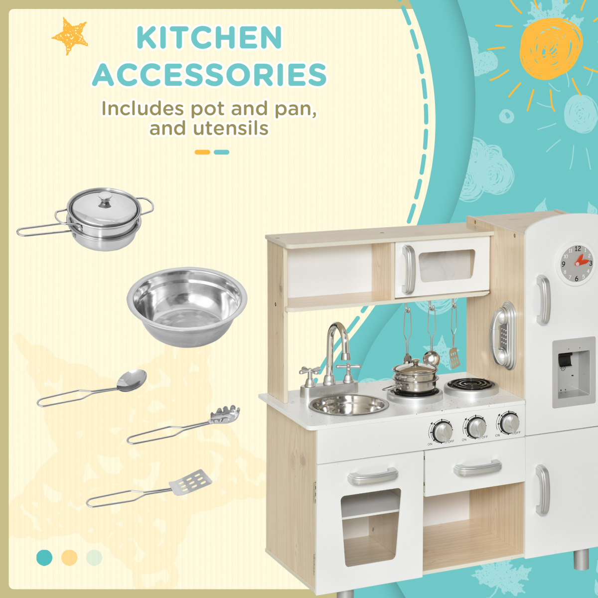 HOMCOM White Kids Kitchen Playset with Accessories, Pretend Cooking Set, Sink, Induction Cooker, Telephone and Water Dispenser