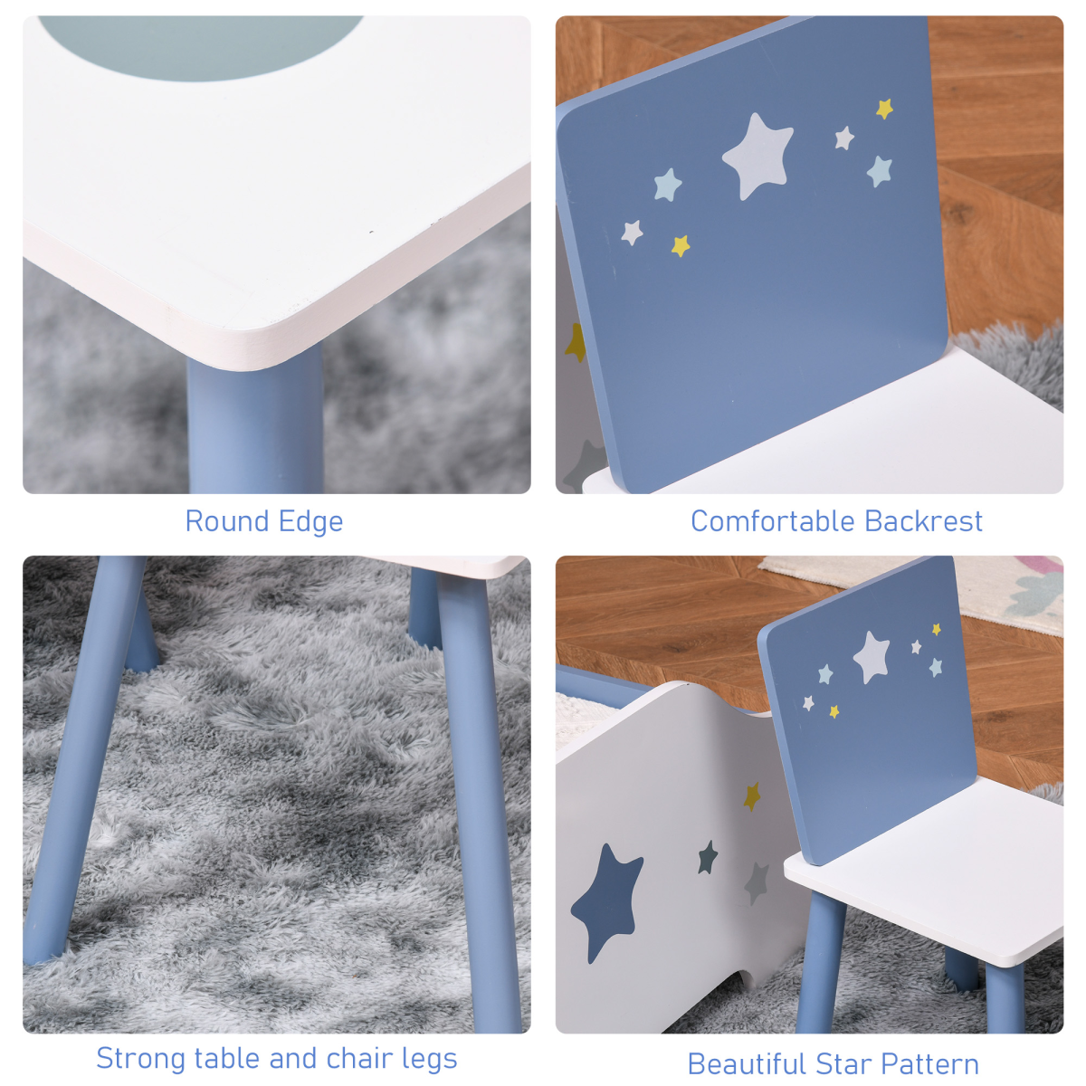 3 Piece Kids Table and 2 Chairs Set, White and Blue Stars and Balloon Design, Pine Wood Legs, Rounded Edges