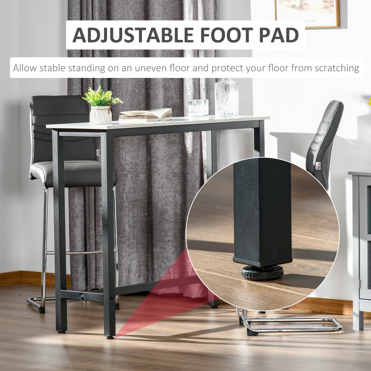 Marble Grain Bar Table with Adjustable Footpads, White & Black