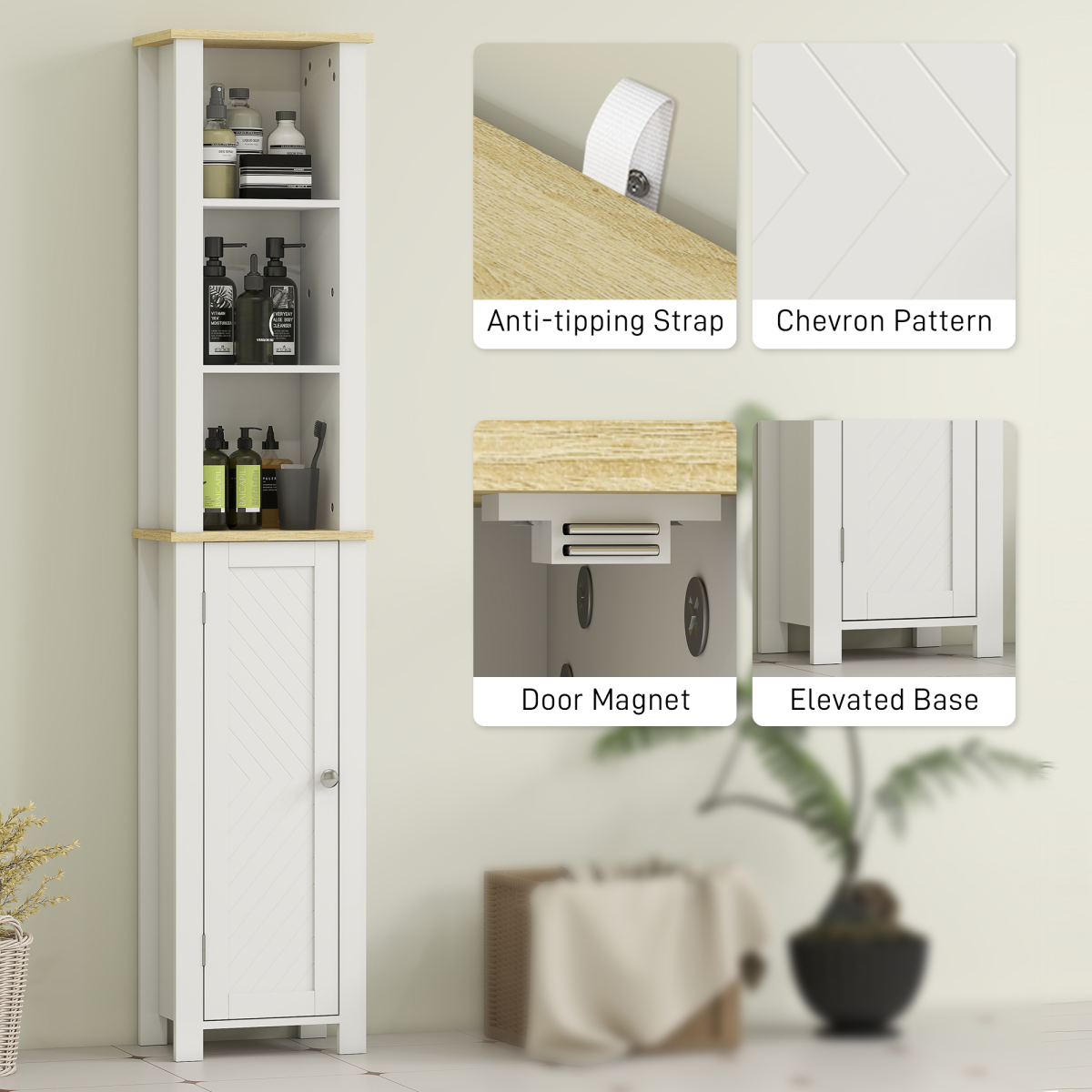 kleankin Slim Bathroom Storage Cabinet with Open Shelf, White